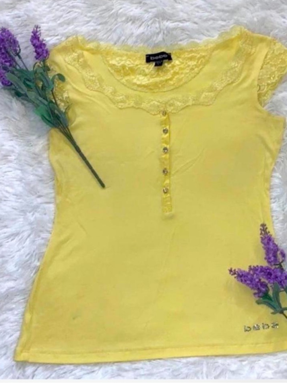 bebe Yellow Lace Trim Cap Sleeve Tee